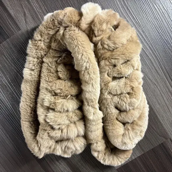 NWT Rex Rabbit Fur Scarf Black Pull Through Tan Slotted Scarves - Picture 8 of 9